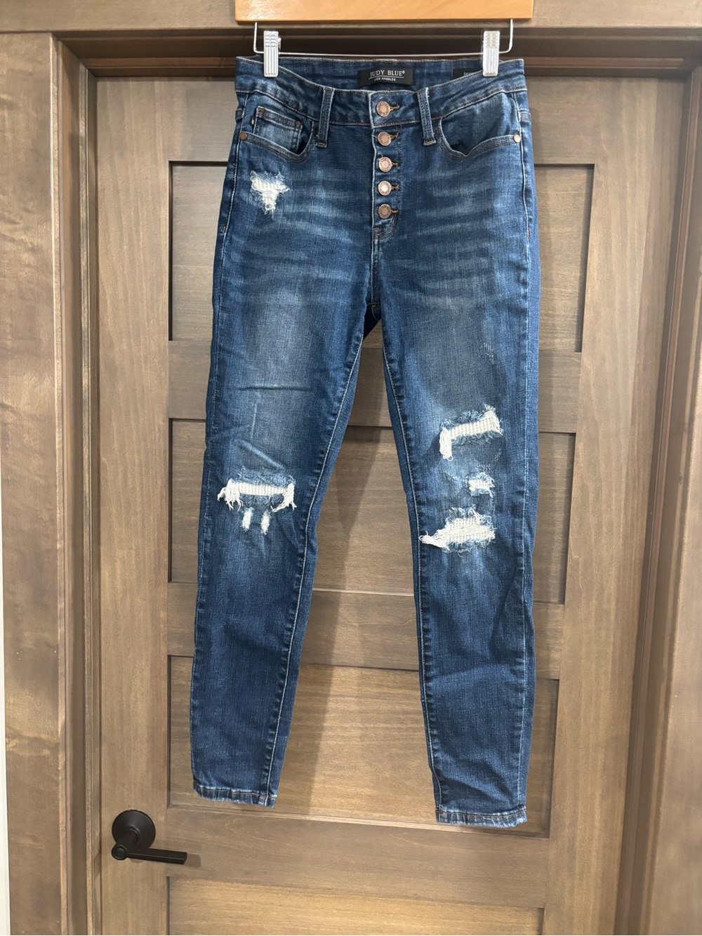 Judy Blue Dark Blue Distressed High-Rise Button-Fly Jeans